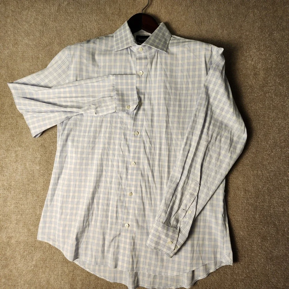Bonobos Dress Shirt Men 17 35 Blue White Plaid Tailored Fit Long Sleve Button Up